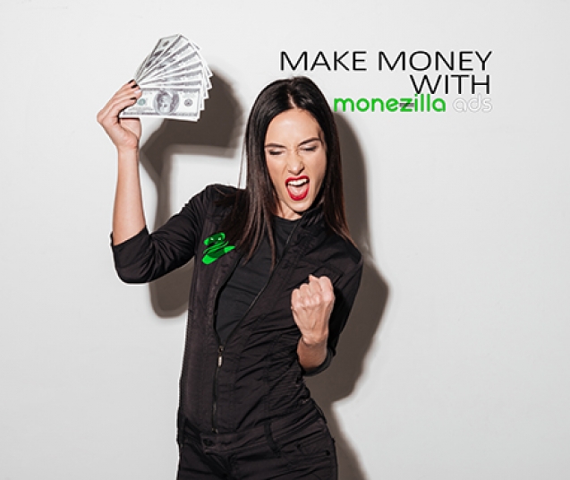 Photo of young happy woman with red lips standing isolated over white wall. Looking aside holding money make winner gesture.